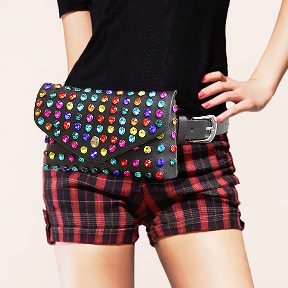 Black multi color stone waist bag detachable belt strap